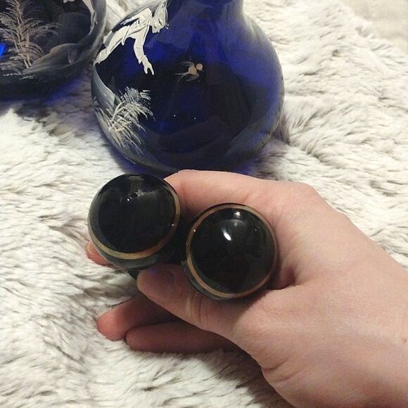 Vintage Set of Two Cobalt Blue Small Mary Gregory Cruets, Ewer Hand Painted Pair - Picture 11 of 15